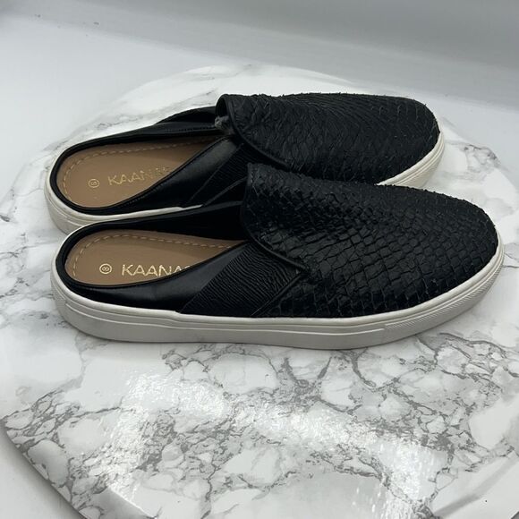 KAANAS Black Leather Sahara Slide Slip On-8 - Picture 4 of 9